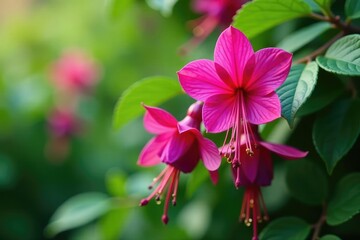 Vibrant fuchsia blossoms, intricate leafy details, bright, print