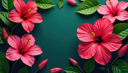 Vibrant hibiscus blossoms, lush green leaves, repeating floral design , blossom, green