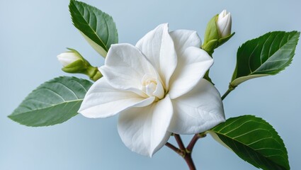 Fototapeta premium Close-up of a bright white gardenia flower head with leaves on a white background.