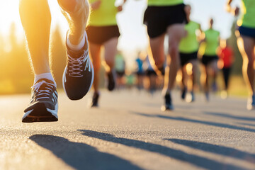 Runners showcase determination in vibrant marathon under bright sunlight by scenic outdoor route