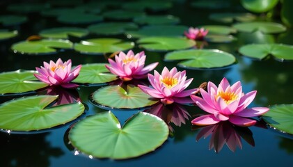 Vibrant water lilies forming a natural pattern on a lake, photography, pond pattern
