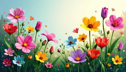 Vibrant wildflowers in a continuous repeating print, pattern, wallpaper
