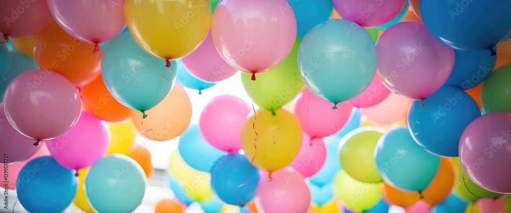 Poster cheerful group of colorful balloons. background featuring low focus depth.