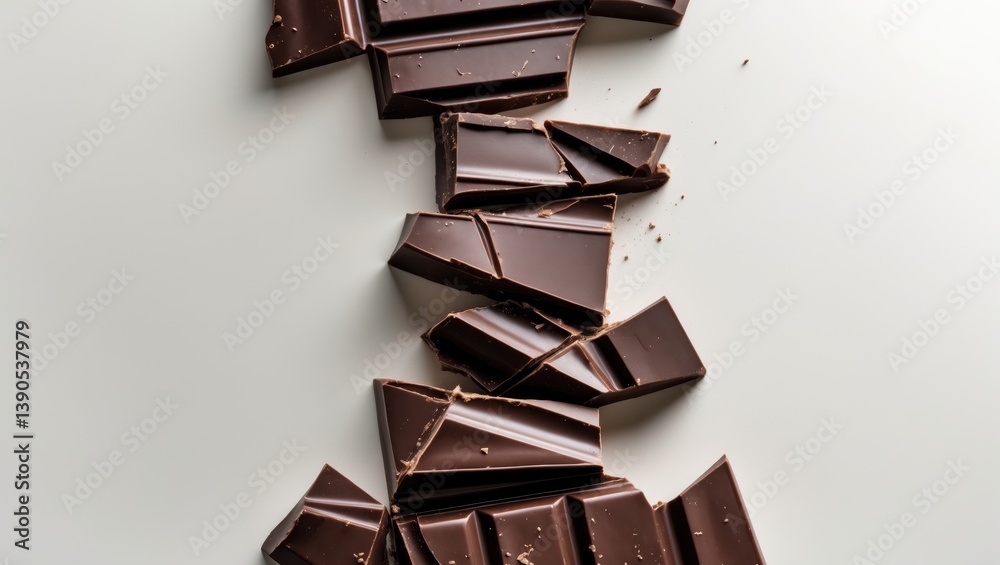 Poster fragmented chocolate bar pieces displayed on a white background. dark chocolate chunks.