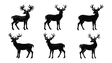 Fototapeta premium Set of deer silhouettes in vector style with wildlife icons, set of deer silhouettes