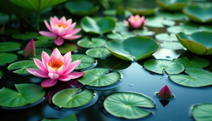 Water lilies and lotus blossoms create a natural floral pattern across the lake, plant, natural pattern
