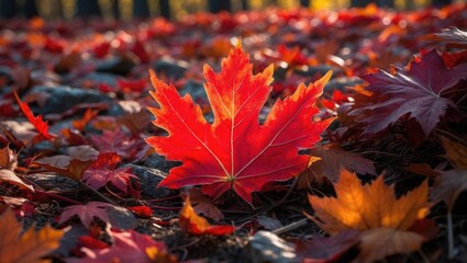 A strikingly colorful autumn maple leaf is located on the forest surface.
