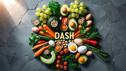 Variety of healthful food items for hypertension control.
