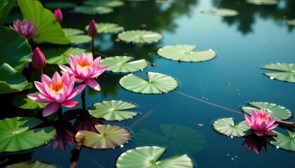 Water lilies and other blooms create a floral pattern on the lake's surface , art, pattern
