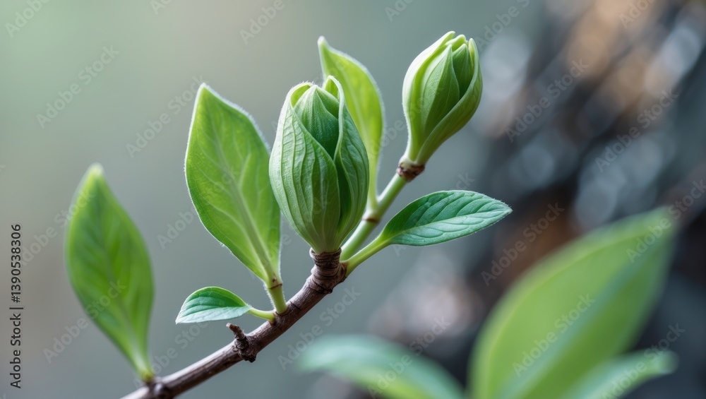 Poster selective focus on green plant bud on branch against a soft blurred spring nature background