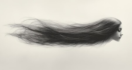 Naklejka premium A captivating black and white pencil drawing presents an oval shaped face with delicate hair strands floating gracefully