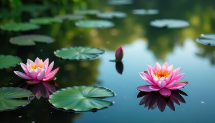 Water lilies create a natural floral pattern on a still lake, pond, water, nature
