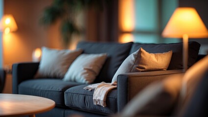 Hazy image of a stylish living room showcasing a grey sofa and bright lamps