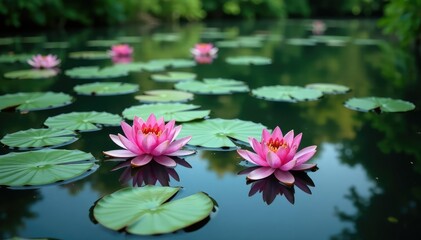 Water lilies creating a floral pattern across a still lake, visual, blossom