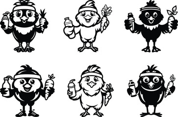 Cute, Cartoon and Funny chicken silhouette and line art isolated vector illustration, cartoon chicken vector icon design set