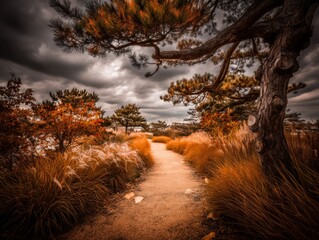 Serpentine gravel trail meanders through a peaceful garden with autumn leaves and towering conifers