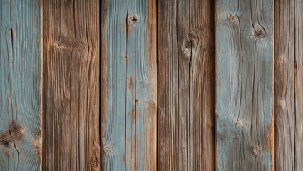 Naklejka premium Weathered rustic wood boards with faded light blue paint revealing brown woodgrain texture