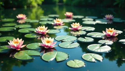 Water lilies form a repeating pattern across a still lake, habitat, water, environment