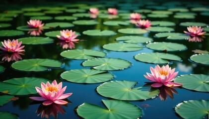 Water lilies forming a natural floral pattern across lake, texture, pretty