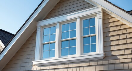 Gable featuring tan shingles and shake siding, double hung windows with white frames, on a Dutch roof attic in a single-family home community