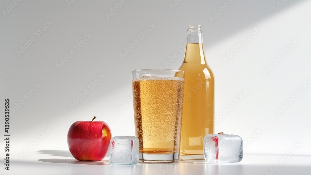 Poster apple cider in a bottle and glass with ice cubes and a fresh red apple against a white background
