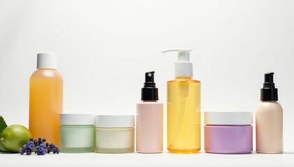 White background showcasing diverse skincare products, products, spa