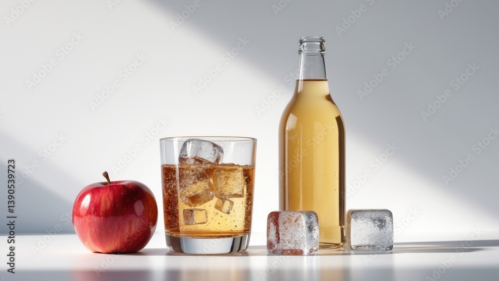 Poster container and drinking glass with ice pieces of apple cider alongside a fresh red apple on a white b