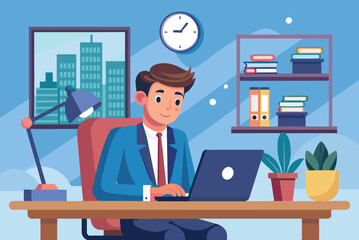 A young man is focused on his laptop at a stylish office desk. Bookshelves filled with books and a plant enhance the workspace, while a clock shows the time.