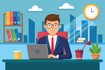 A man in business attire is focused on his laptop at a tidy desk in a bright office. Shelves filled with books and a plant add a touch of life to the workspace.