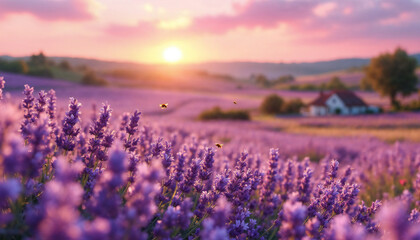 Fototapeta premium Lavender Sunset Field: A breathtaking sunset casts a warm glow over a vast field of vibrant lavender, creating a serene and picturesque landscape. A charming house sits in the distance.
