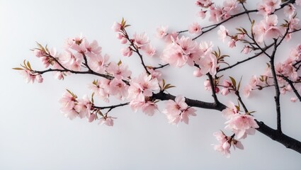 Obraz premium Branches featuring light pink Cherry Blossom flowers against a white background.