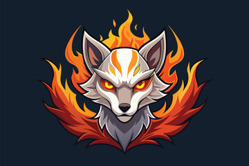 A stylized fox head is depicted with striking fiery elements surrounding it on a dark background, emphasizing its fierce expression and vibrant colors.