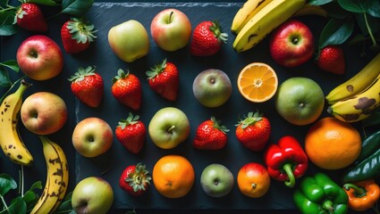 A lively collection of diverse organic fruits and vegetables, including apples, tomatoes, carrots, and beyond, freshly collected and artfully arranged on a table.