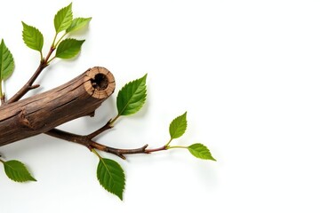 Wooden branches with knots and leaves isolated on white background, rustic wood, branch texture, wooden branch