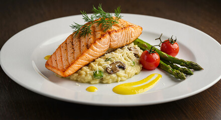 Gourmet salmon fillet with risotto and asparagus on a plate  