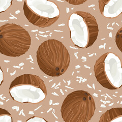 Coconut halves, whole fruits and Coconut flakes isolated on brown background. Vector seamless pattern. Cartoon flat illustration.