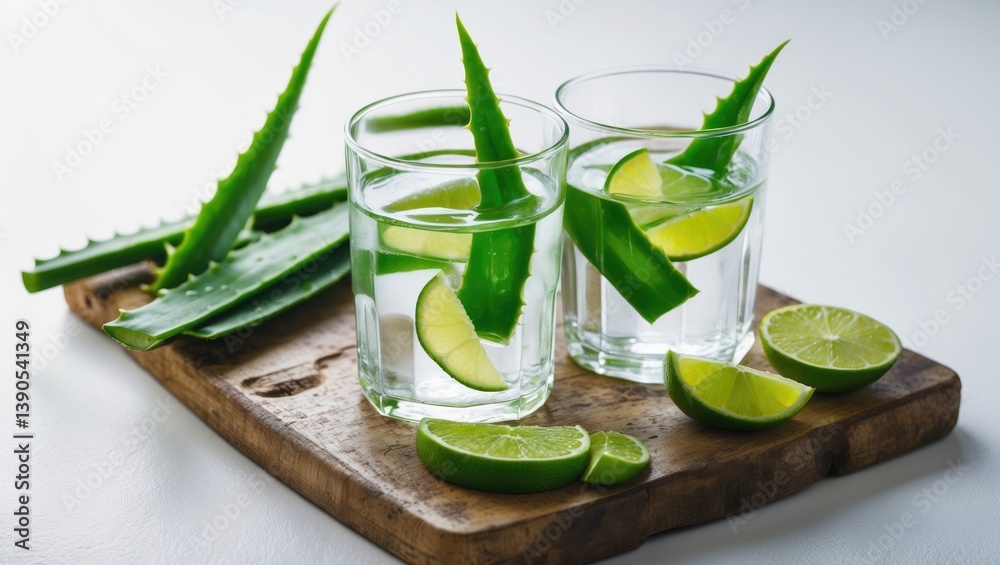 Poster board displaying glasses of aloe drink and leaves on a plain white surface
