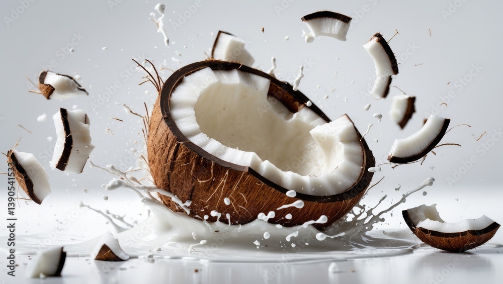Poster broken coconut with a splash of milk, isolated on a white canvas