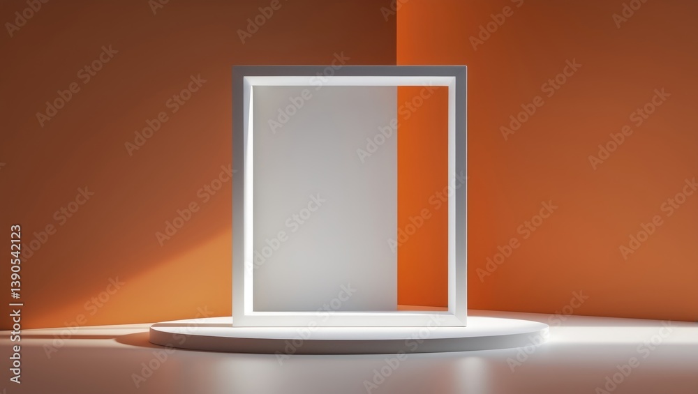 Poster white empty frame in a monochromatic studio setting with white lighting. product display mockup desi