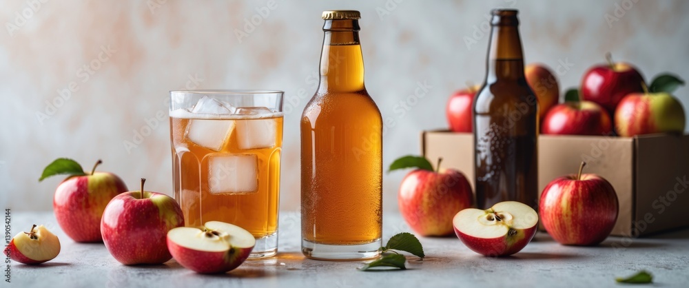 Poster bottle and glass of homemade apple cider with fresh apples in a box in the background, glass with ic