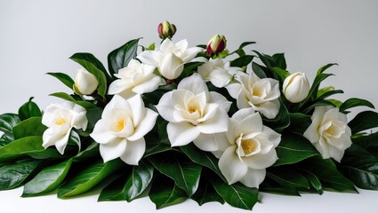 Fototapeta premium Bouquet of blooming gardenias surrounded by green leaves on a white background