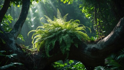 Asplenium nidus, the bird's-nest epiphyte fern, prospering on a thick tree branch in lush green woodlands