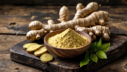 Board displaying ginger and ginger powder against a wooden backdrop