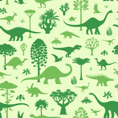 Dinosaur characters seamless pattern of Jurassic lizards and reptiles, vector background. Cartoon dino pattern with green trees and palm jungle, pterodactyl and giant dinosaurs for kids background