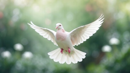 Obraz premium White Dove in green Bokeh and Concept of Freedom