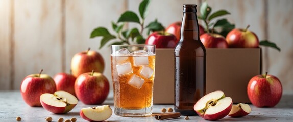 Homemade organic apple cider in a bottle and glass with fresh apples in a box behind, glass filled with ice cubes