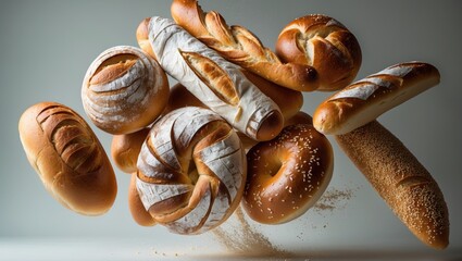 Diverse bread varieties and wheat ears drifting on a gray background. Classic round loaf, baguette, roll, sesame bagel. Fresh organic healthy bread for advertising purposes. Food concept