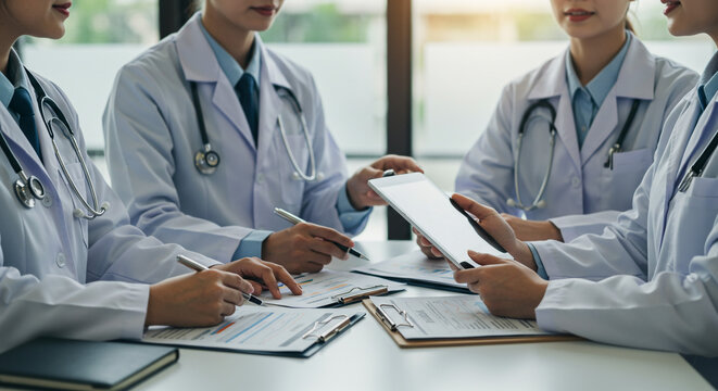 Dedicated medical professionals collaborating on patient care, sharing insights and reviewing data around a digital tablet in a bright, professional office setting.