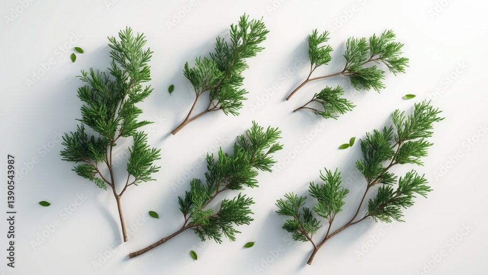 Poster white background featuring a shadowless branch of thuja