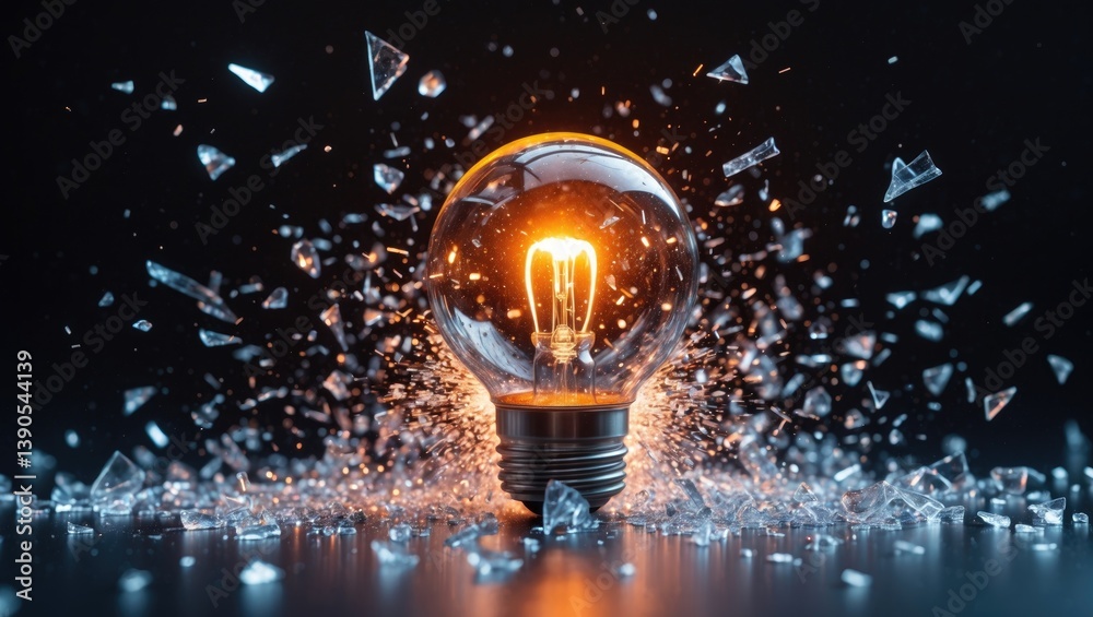 Poster Radiant glass light bulb explodes while glowing with a high-speed object isolated in a dark background stock picture